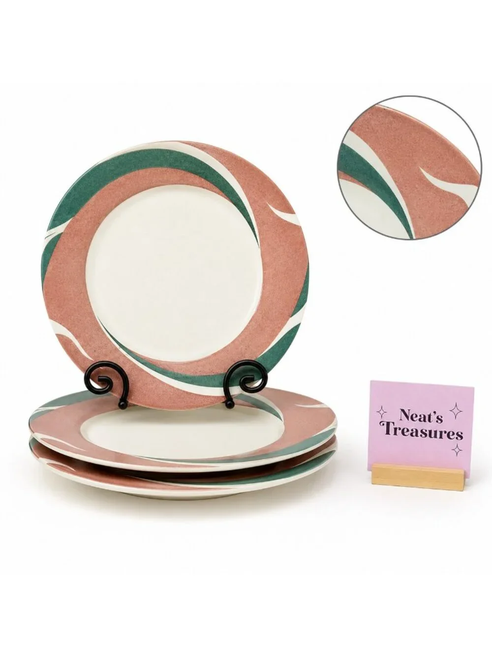 1980's Sango Quadrille PINWHEEL PINK Wave Semi Porcelain Dinner Plates Set 3